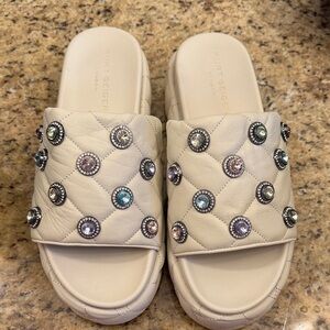 Kurt Geiger Cream Quilted Slide Mules with Multicolor Gem Studs